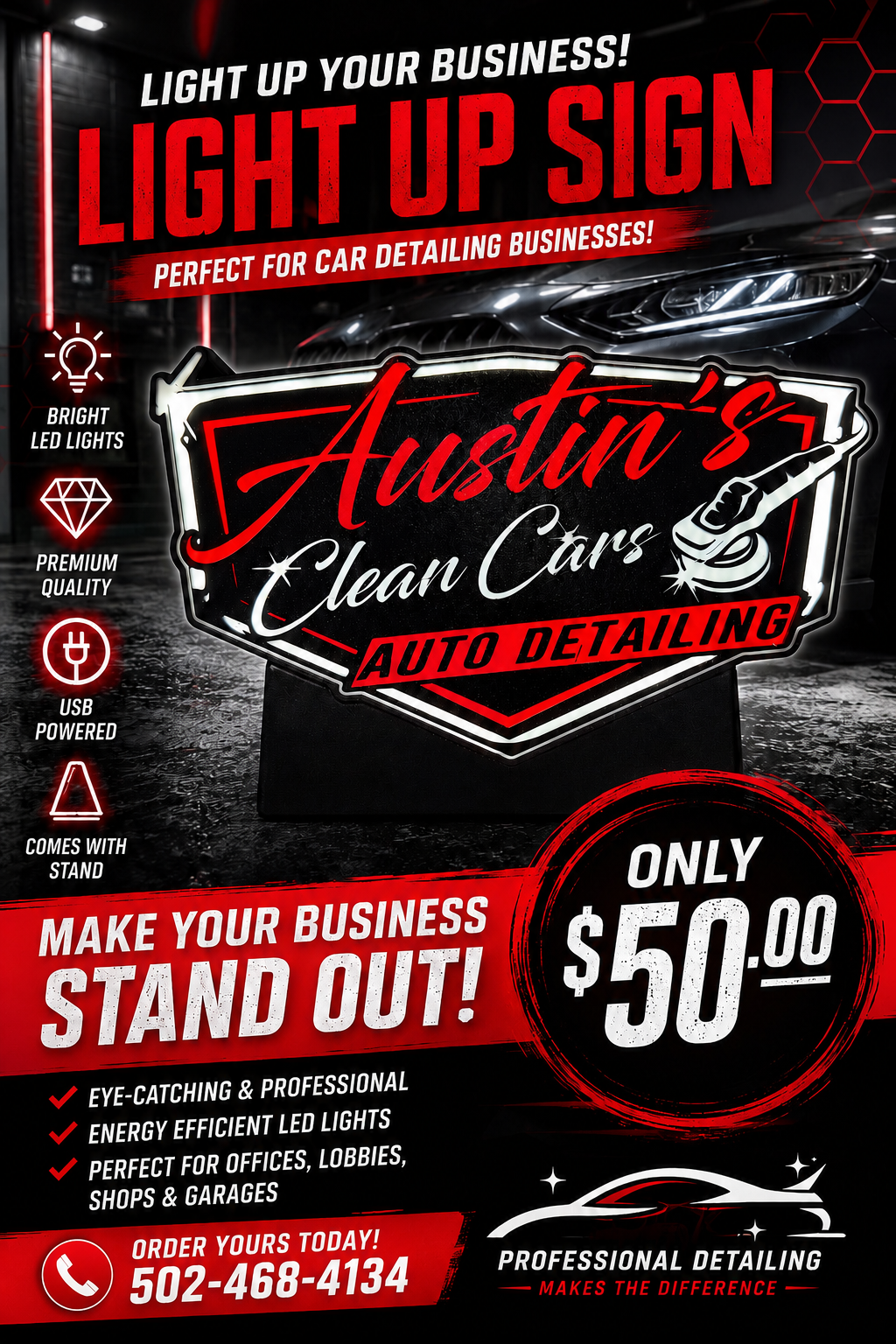 Austin’s Clean Cars Light Up Sign